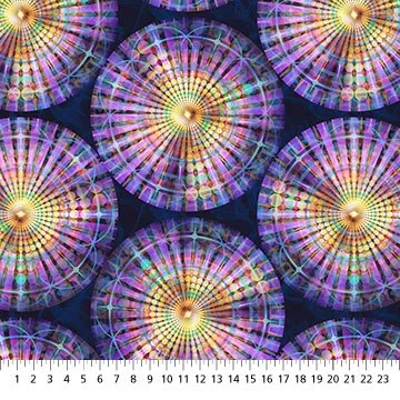 Large Colorful Geometric Circles on Dark Blue: Northcott  $6.99/yd