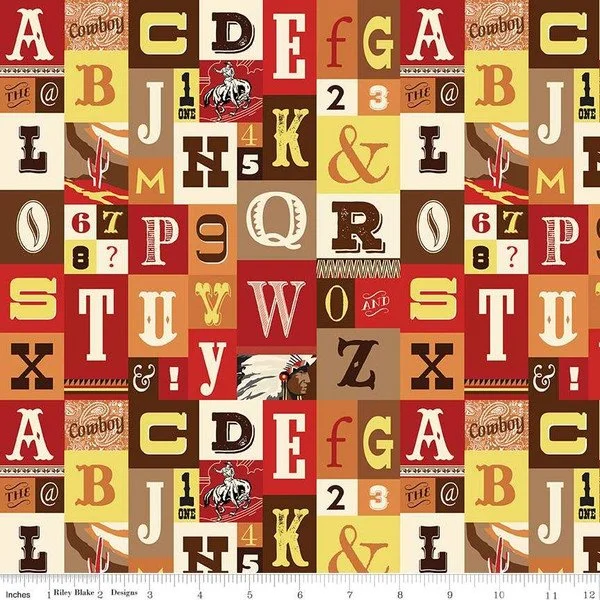 Cowboy Alphabet in Brown, Red, Cream, and Yellow  $6.99/yd