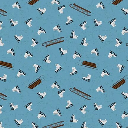Tossed ice Skates and sleds on blue - $6.99/yd