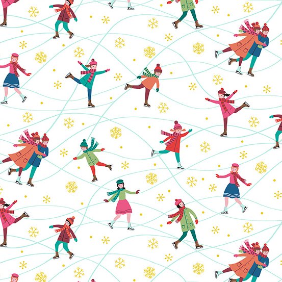 Ice Skating on White with Gold Metallic Snowflakes