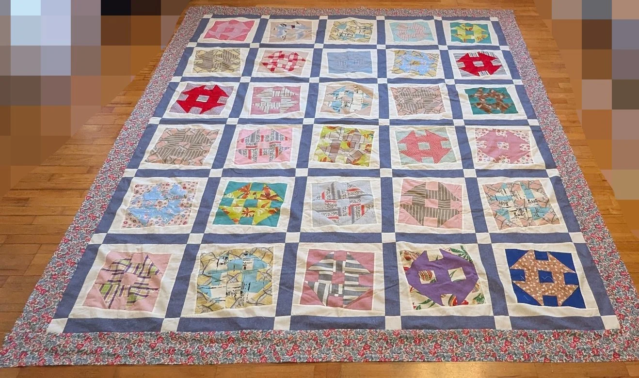 I was sent these very old blocks several years ago now and I made the wonky blocks but the finished top was not the right size so I added borders to make it a double.