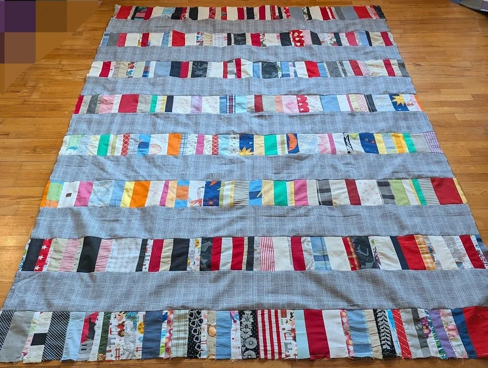 I made these strip tops out of strips rolls that Ewa and her mom made and I added it to the menswear I cut into 6.5" xWOF.