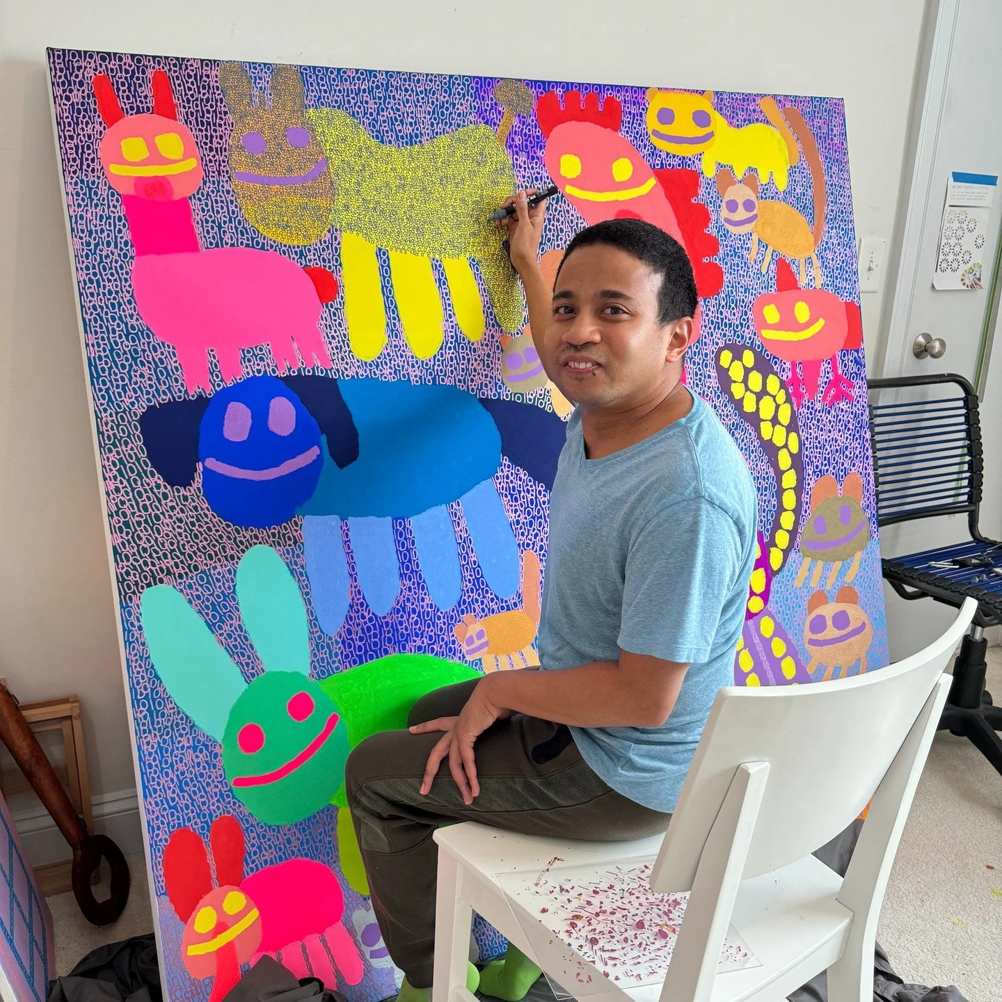 I feel good about my large painting. It is about American Animals. There is a dog, an alpaca, a cheetah, a rabbit, an elephant, a raccoon, a rat, flies, a plane mantis, a bird, my cat Rhythm, and Bonnie. It is a good painting. I want to finish this p