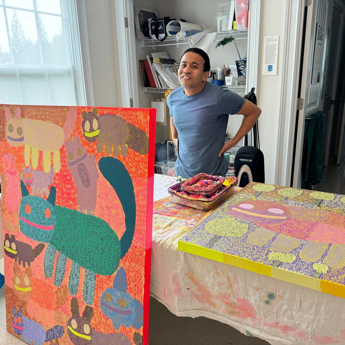 I feel good about my American animal painting. It is good that they are together and having a good day. Love King👑 
48x36" Acrylic paint on canvas, Available on King's website shop.
#artinprogress #painting #happy4th #americananimals #animalp