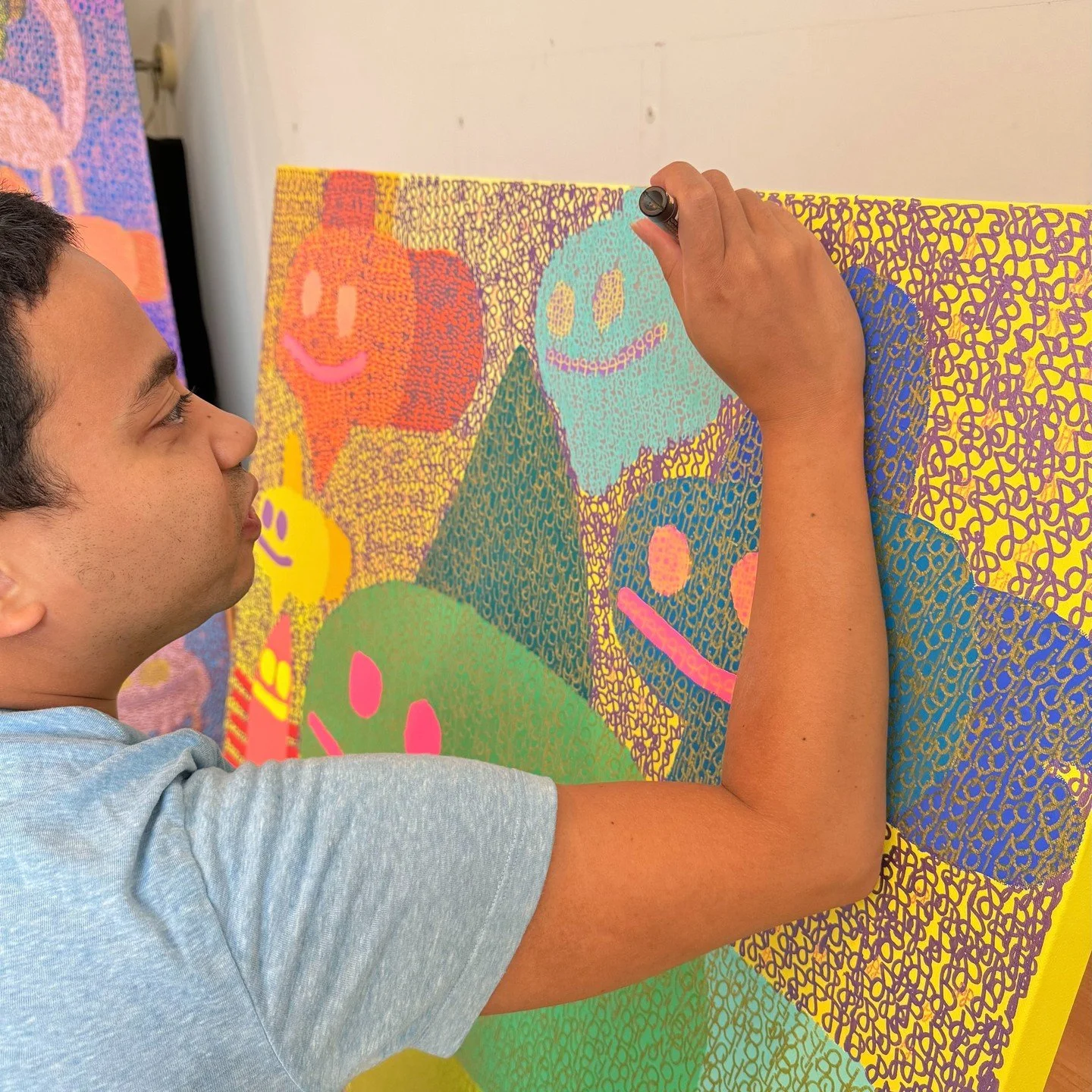 I feel good about my sea animals. It is about good friends. There are regular fish, a wheal, a shark, seals, and shrimp. They are friends because they are togethre..It is a good painting. I am painting the sun and the angelfish one day. 
48x36"