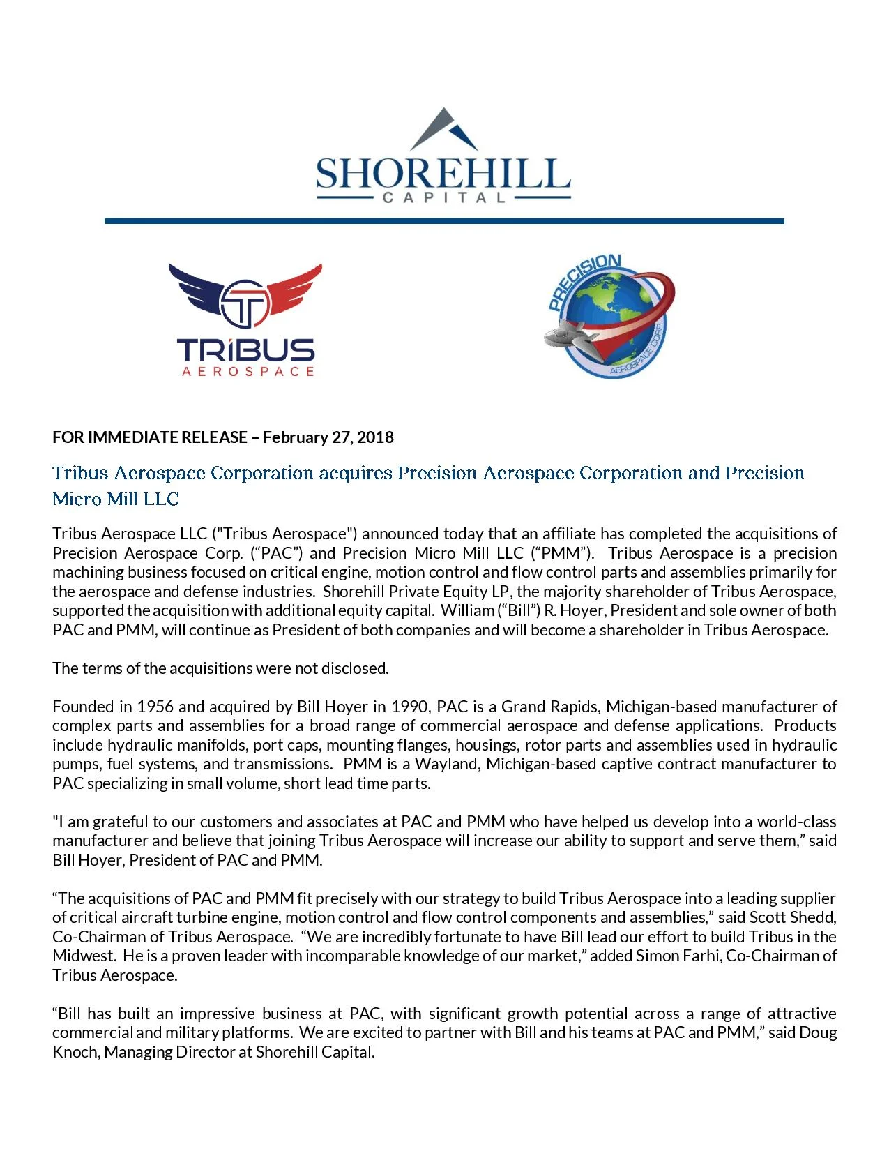 Press Release - Tribus Aerospace Acquires Precision Aerospace Corporation and Precision Micro Mill - vFINAL-page-001.jpg