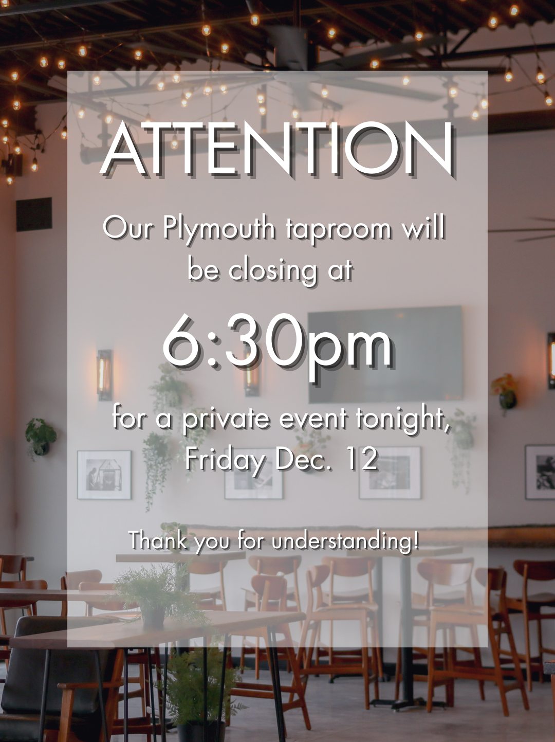 PLYMOUTH - Closing at 6:30pm