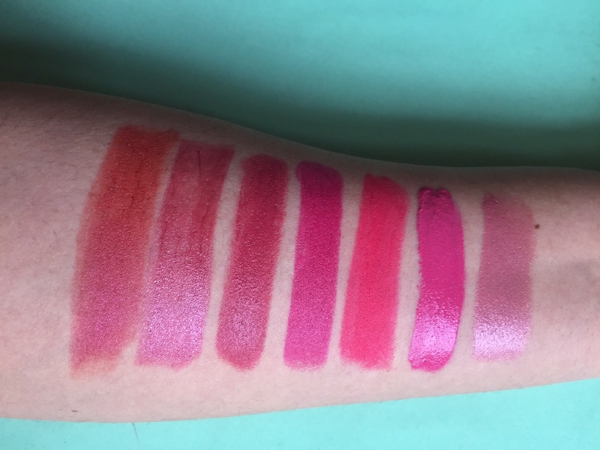 From left: Soul Tree lipstick in Sunshine, Estée Lauder Lipstick in Ripped Raisin, Lipstick Queen Lipstick in Rose Sinner, Bobbi Brown Rich Lip Colour in Cosmic Raspberry, M.A.C Lipstick in Relentlessly Red, Bobbi Brown Liquid Lip in Lily, YSL Rouge Pur Couture in 11. 