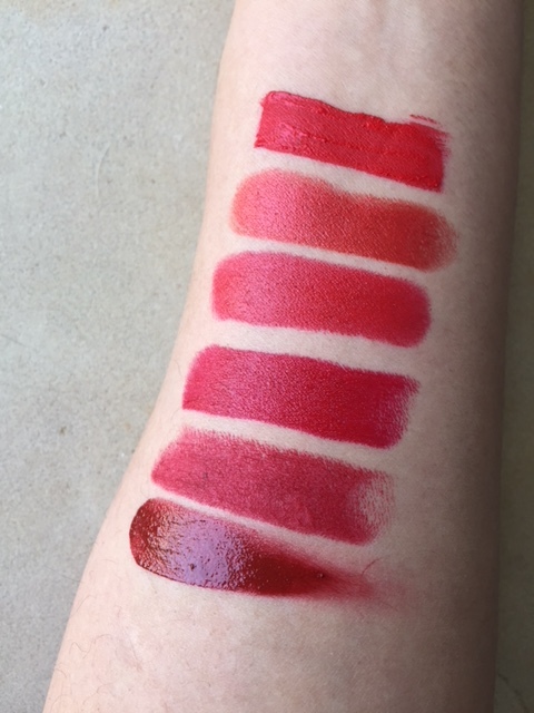 From bottom to top: Kjaer Weis, Kat Von D, Bite Beauty, Bobbi Brown, Rouge Dior, M.A.C Retro Matte Liquid.