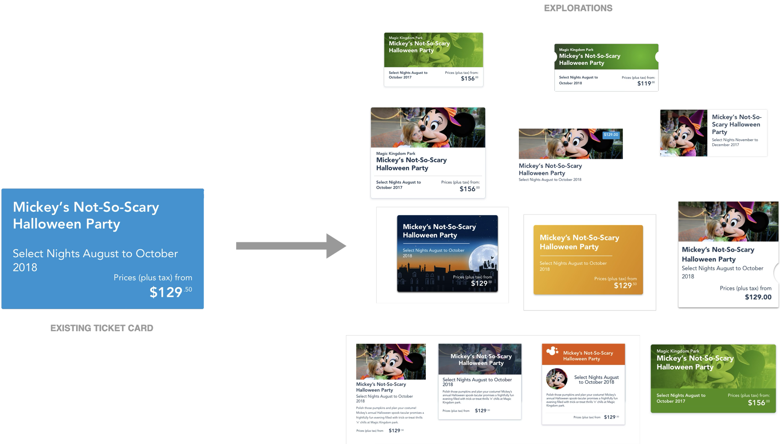 Image of existing ticketing card design on the left with arrow pointing to many other design explorations of the same card