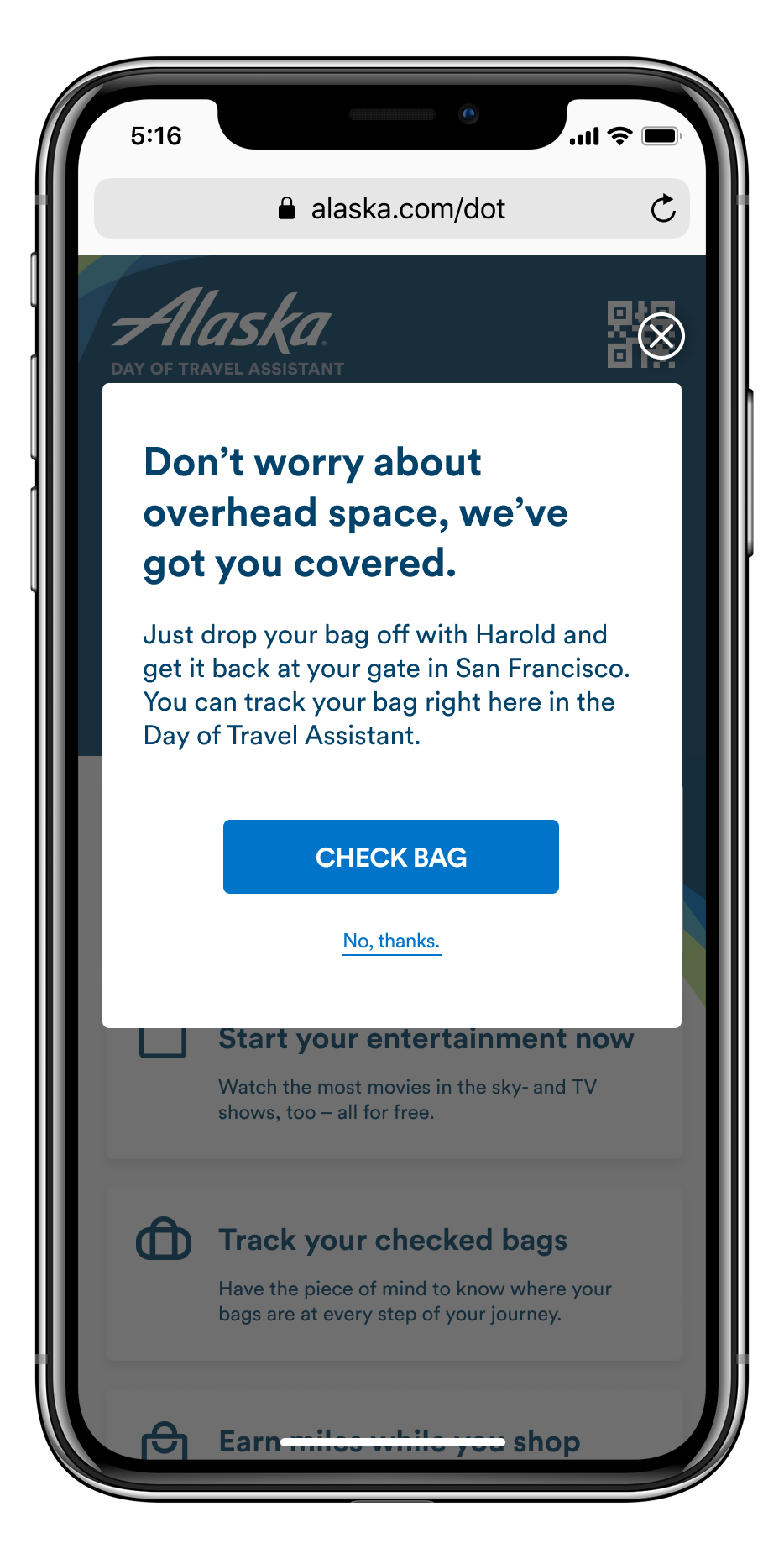 iPhone safari page with center modal: "Don't worry about overhead space, we've got you covered. Just drop your bag off with Harold and get it back at your gate in SF. You can track your back right here in the Day of Travel Assistant. [Check Bag]"