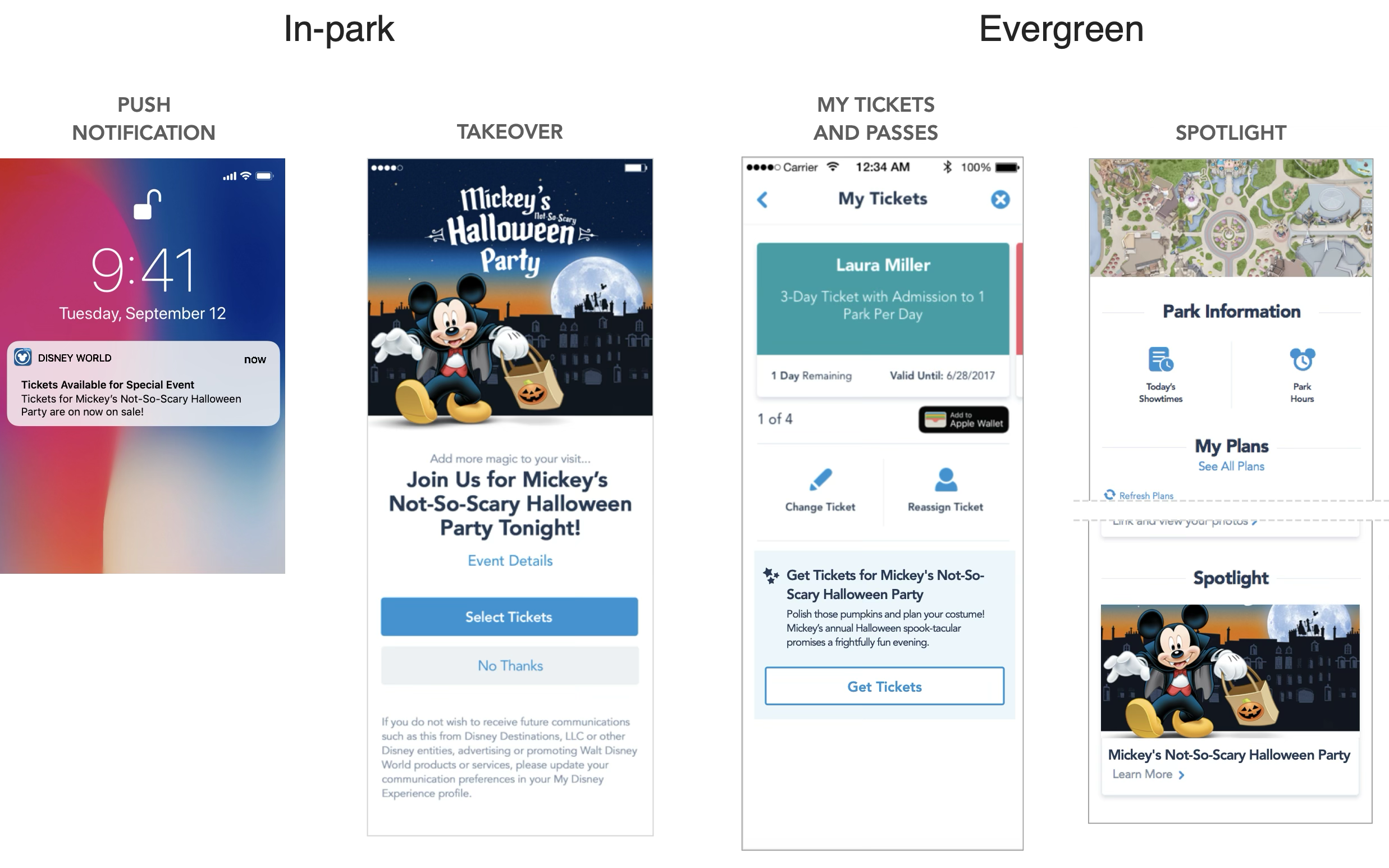 4 screen designs showing marketing design locations in the app based on user location data