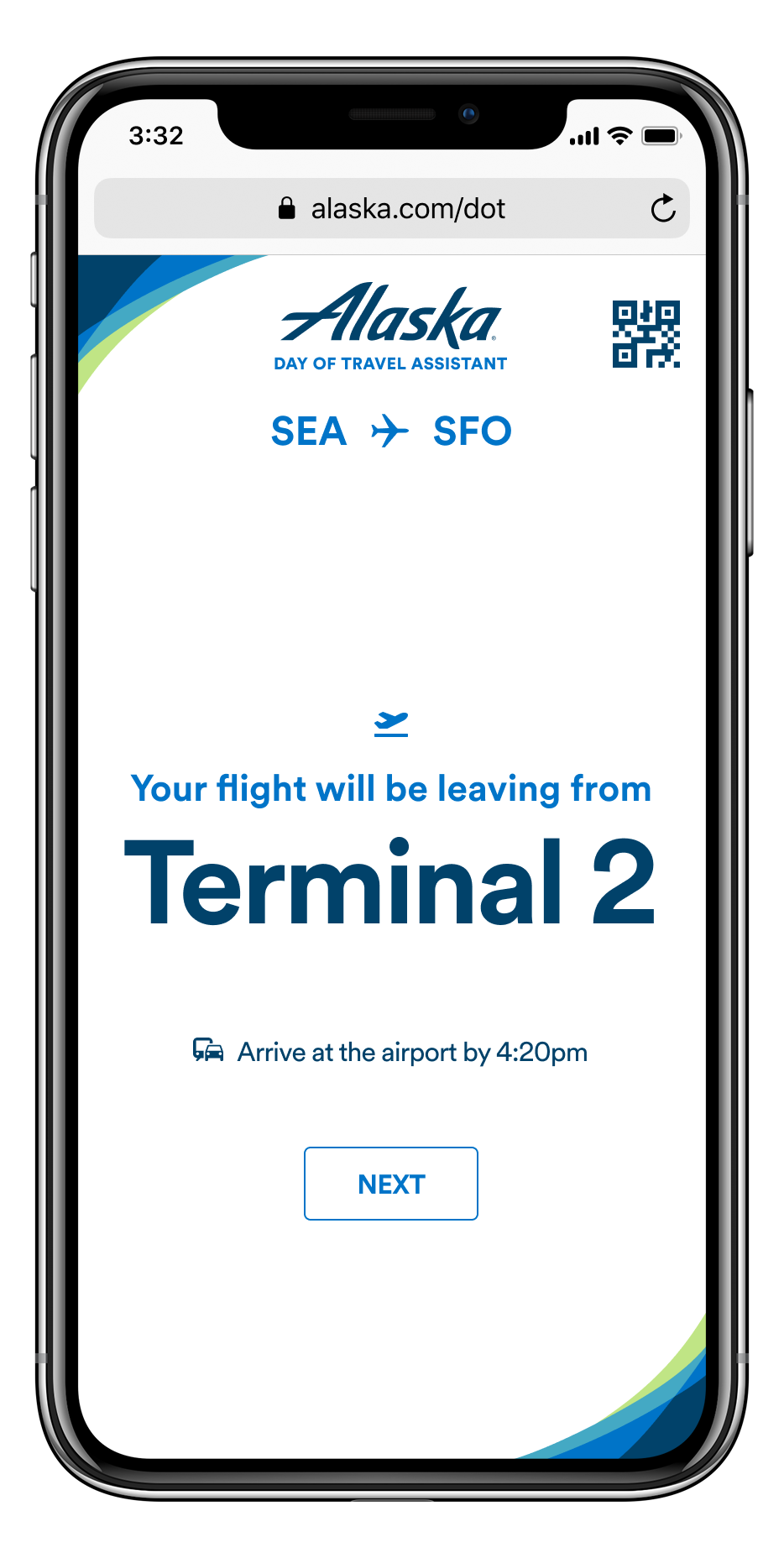 iphone safari screen reading "Alaska Day of Travel Assistant. SEA to SFO. Your Flight will be leaving from Terminal 2. Arrive at the airport by 4:20pm. [Next button]"