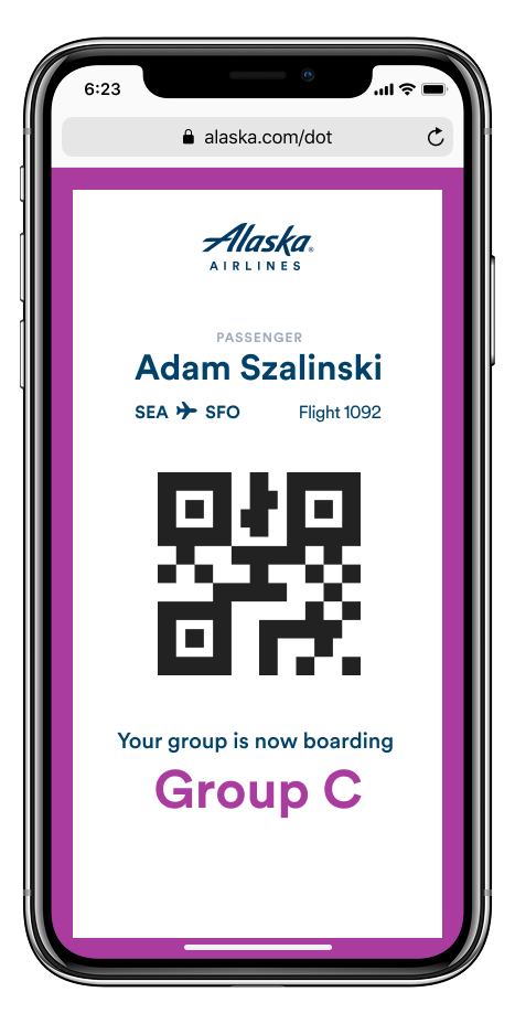 Screenshot of the concept website boarding pass, group C with purple outline
