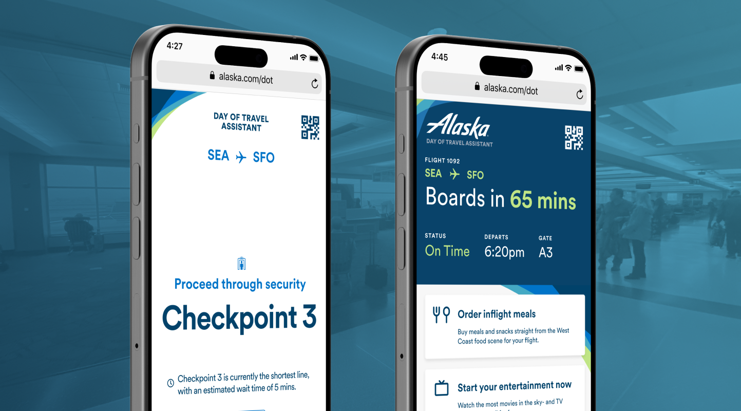 2 images of travel assistant screens overlaid on a stylized photo of an airport gate