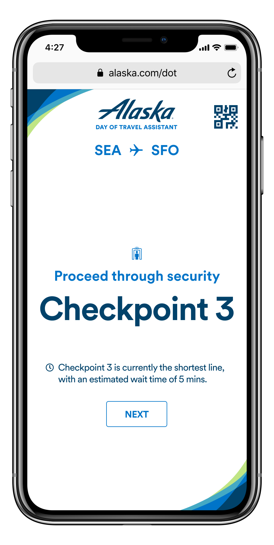 iphone safari screen reading: "Alaska Day of Travel Assistant. SEA to SFO. Proceed through security Checkpoint 3. Checkpoint 3 is currently the shortest line, with an estimated wait time of 5 mins. [Next Button]
