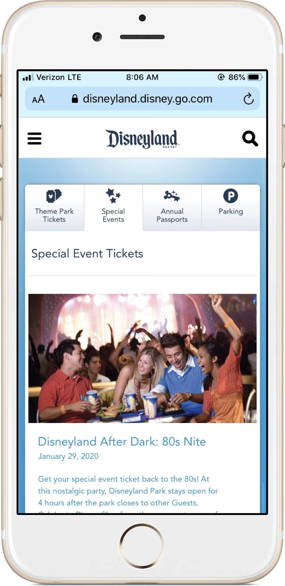 Single screen showing mobile webview page of special events tickets