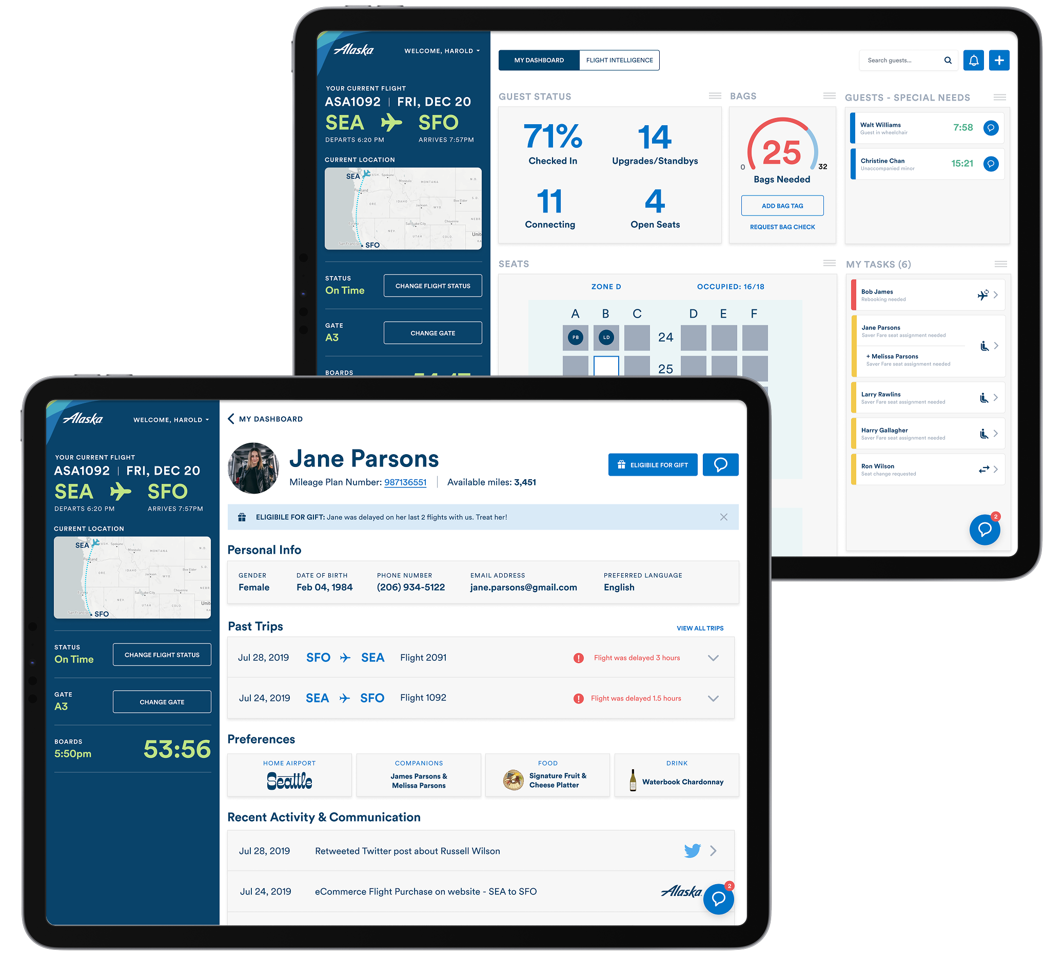 2 overlaid screens showing the gate agent tablet experience
