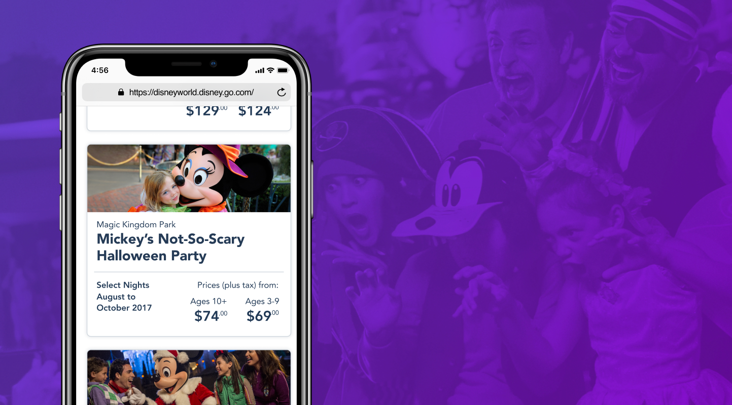 Phone screen showing special events ticket list on a purple background