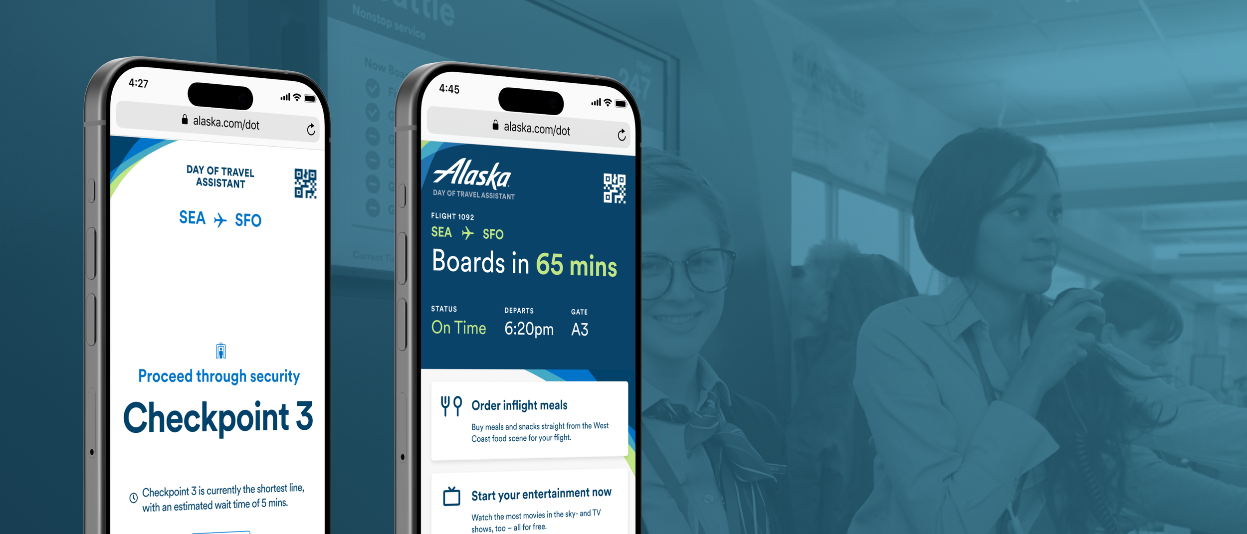 2 screens showing the mobile gate experience on a blue background
