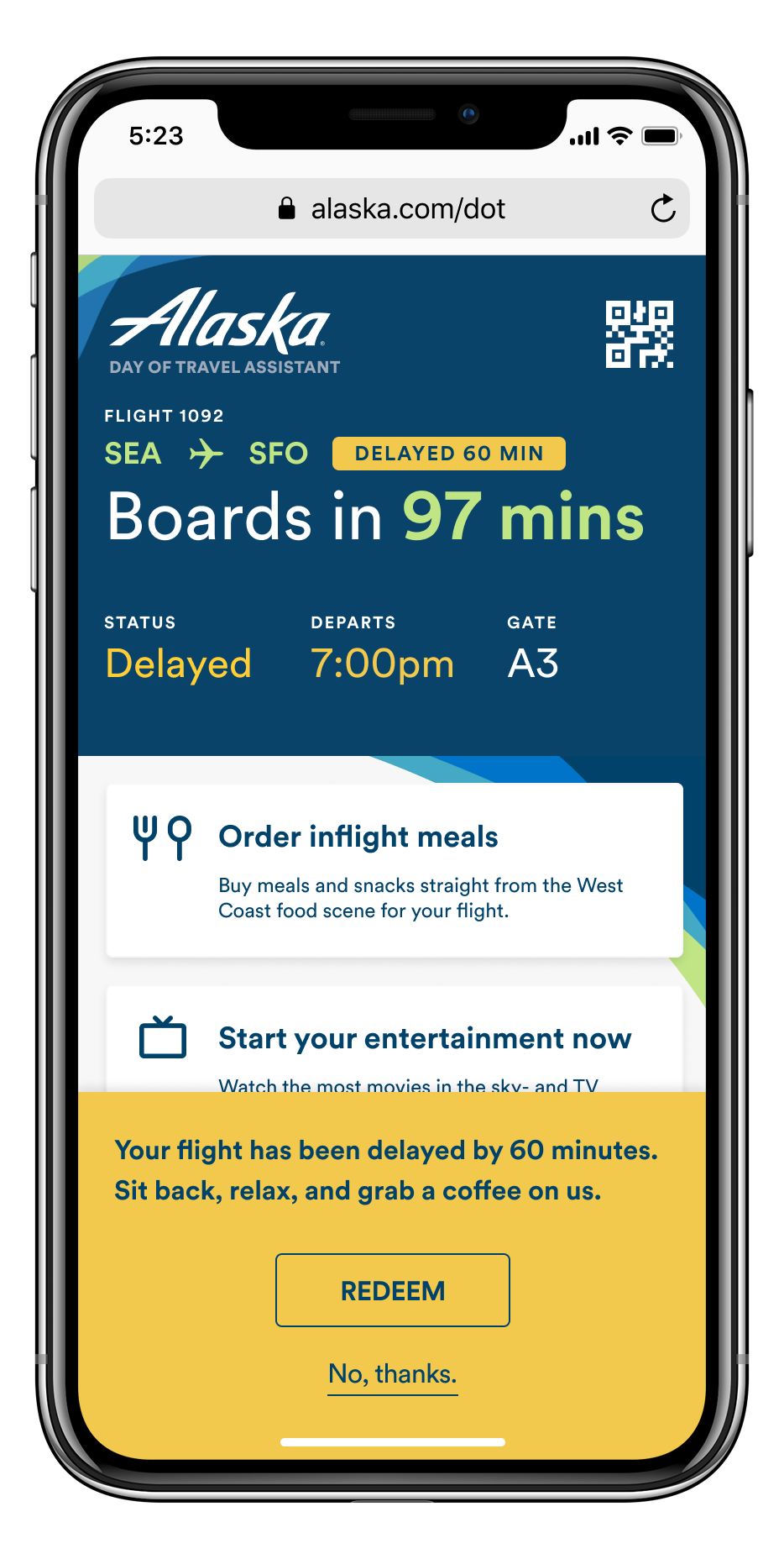 Iphone safari page with footer modal: "Your flight has been delayed by 60 mins. Sit back, rela, and grab a coffee on us. [Redeem button] [No, thanks button]"