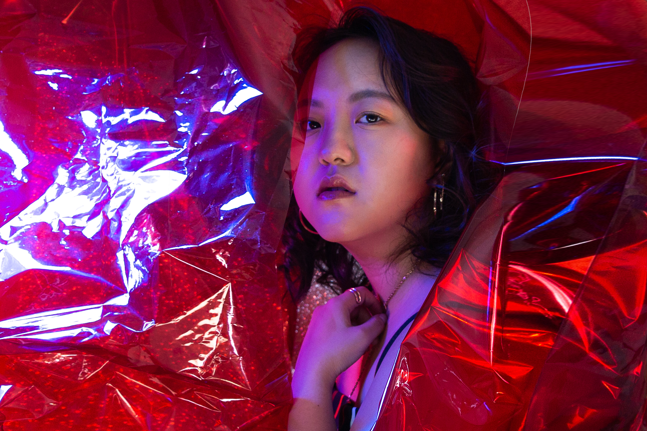 Backdrop: Glitter Wrapping Paper & Red Cellophane Dress: Target Earrings & Rings: Forever 21
