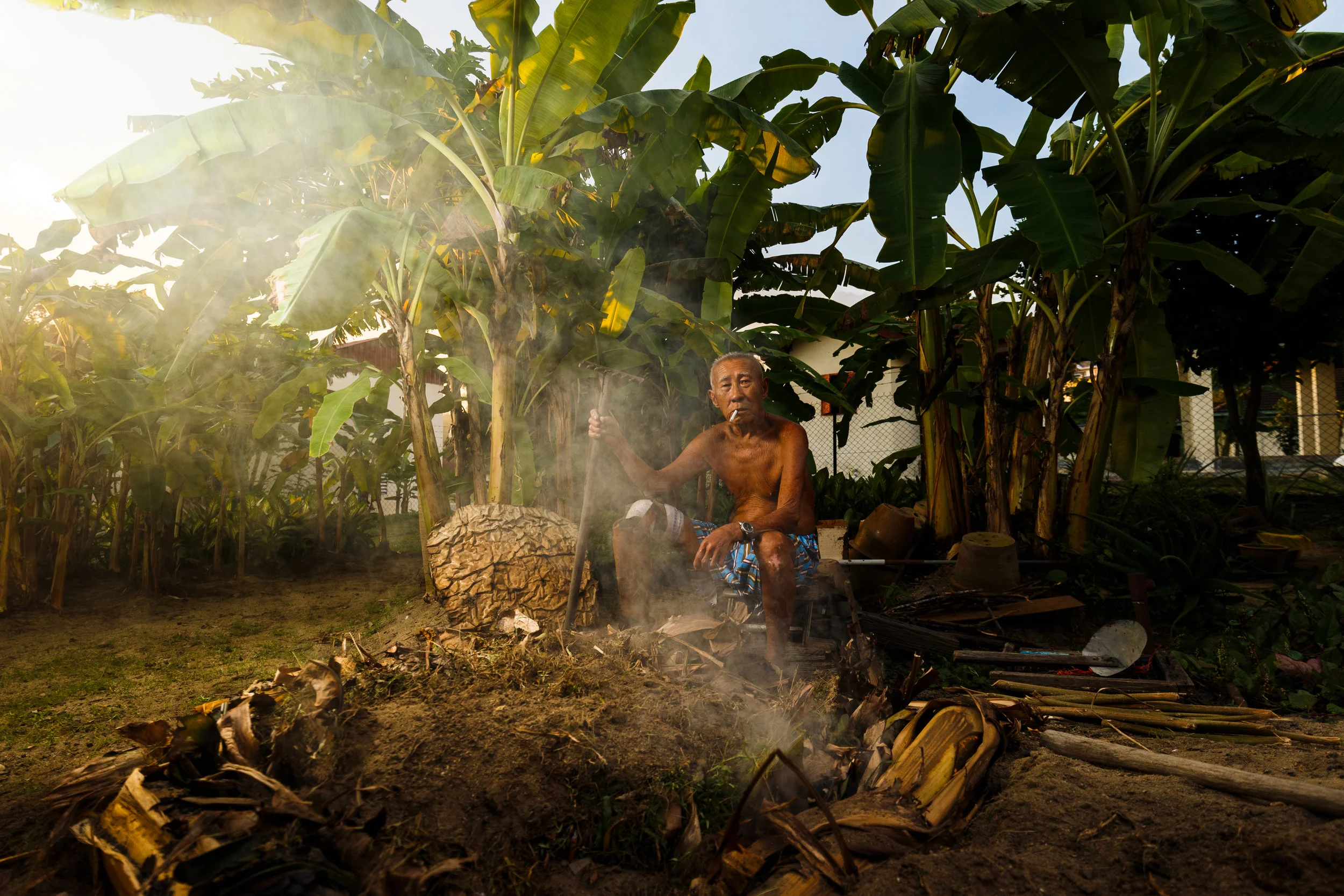 Sometimes Chew would work late into the evening in his small garden. (photo by Mango Loke)