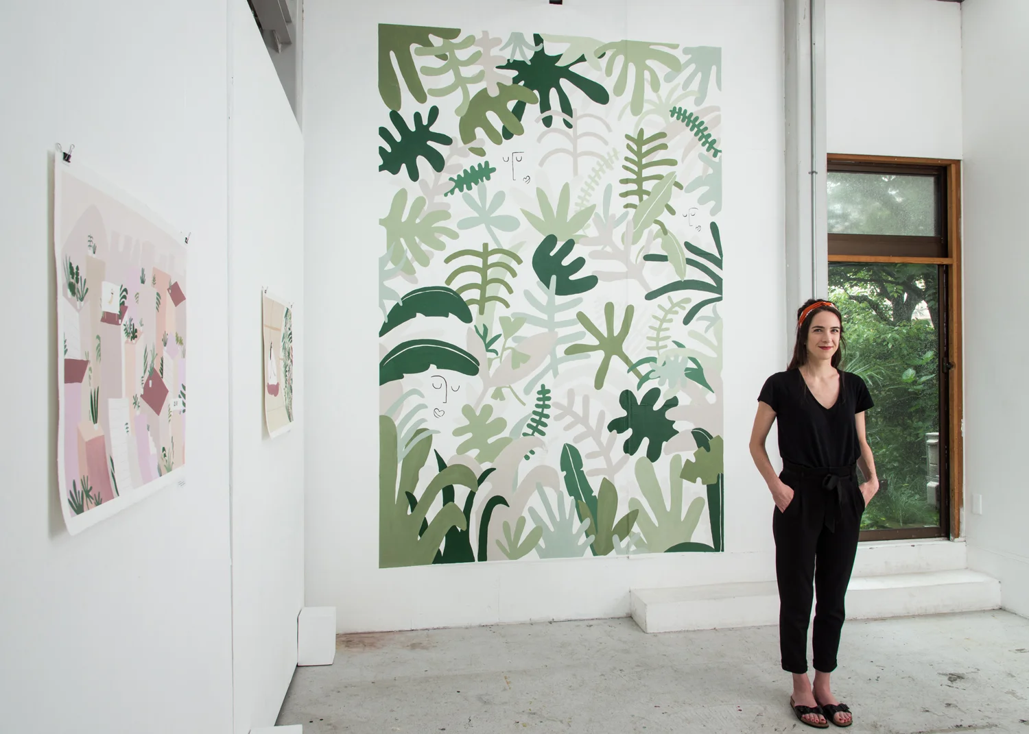 Me and my illustrated wall at my studio in TOKYO - Art residency at YOUKOBO ART SPACE 2018. Image © Masaru Yanagiba