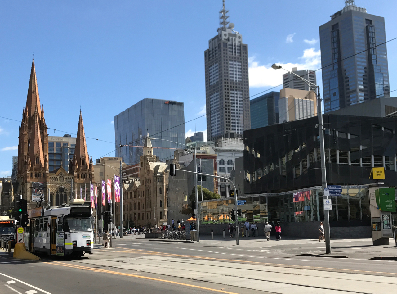 Towards Melbourne's most famous intersection with St Paul's in the distance