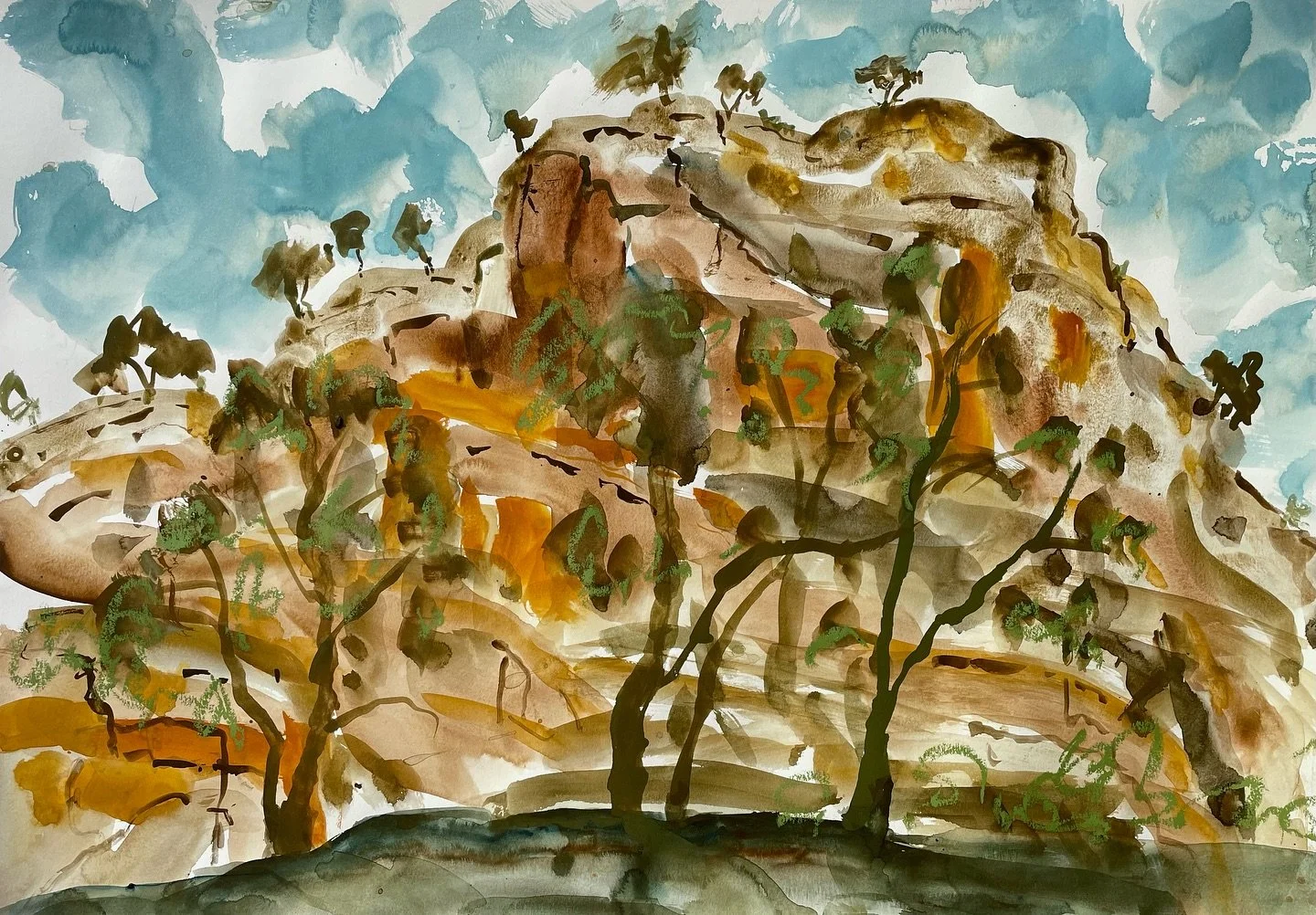 Wallaby Rocks by Afternoon 

Hard to pick one but possibly my favourite work on paper from this exhibition.

Lots of loose mark making capturing the movement and character of the beautiful and serene Wallaby Rocks alongside the Turon River.

Gouache 