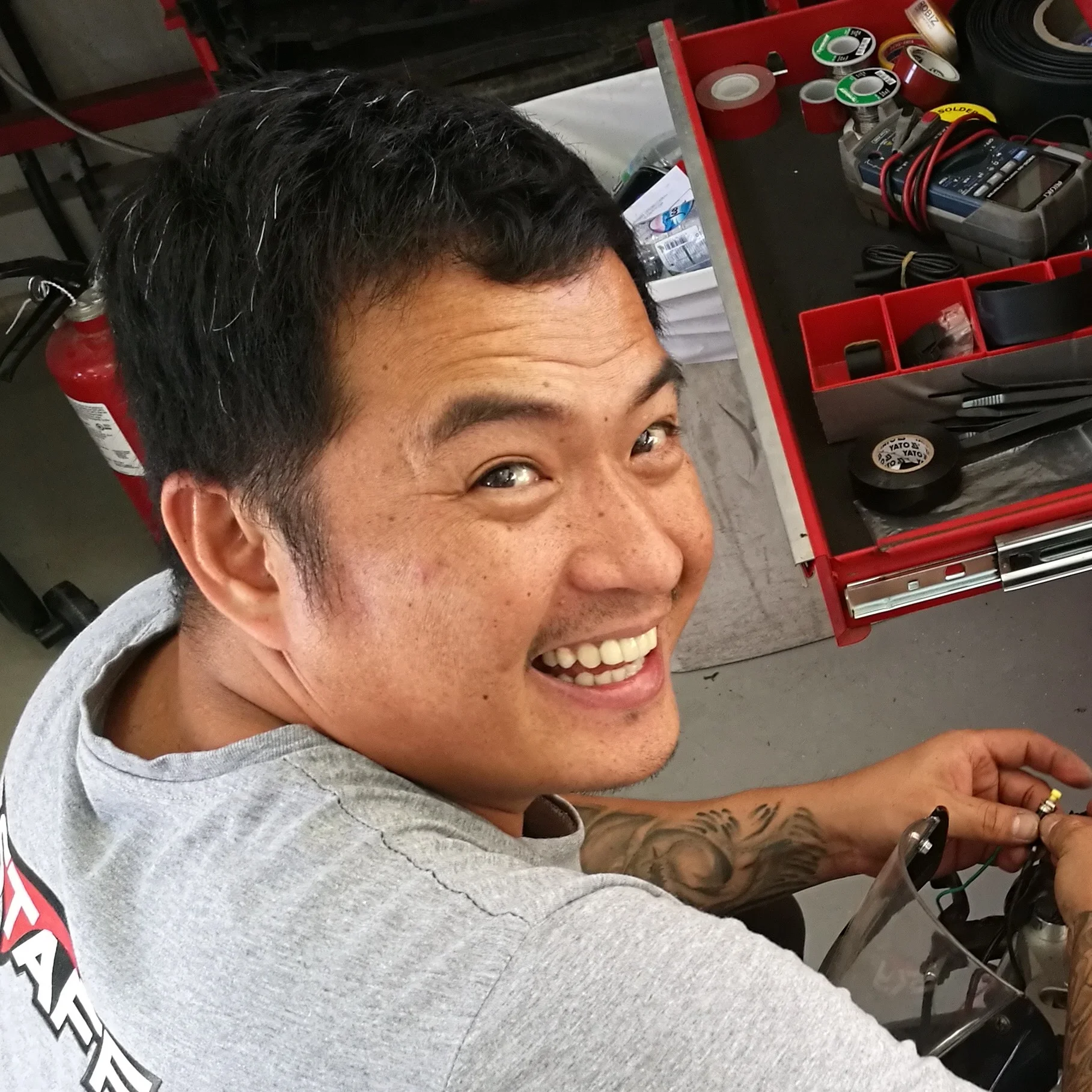 ARIS TIMBOL Mechanic If you have a broken engine, bike or a space shuttle, Aris can fix it. Being involved in rally bikes and endurance races, granted him great knowledge in mechanic science.