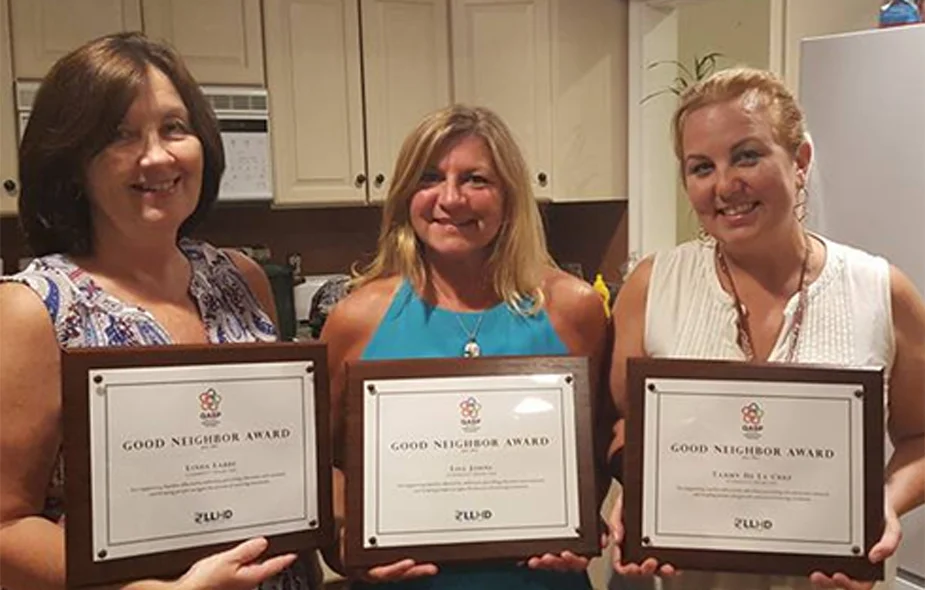 CSO co-founders Linda Labbe, Lisa Cote Johns, and Tammy de la Cruz (L-R) receive the Good Neighbor Award from the Groton Alliance for Substance Abuse Prevention (GASP)