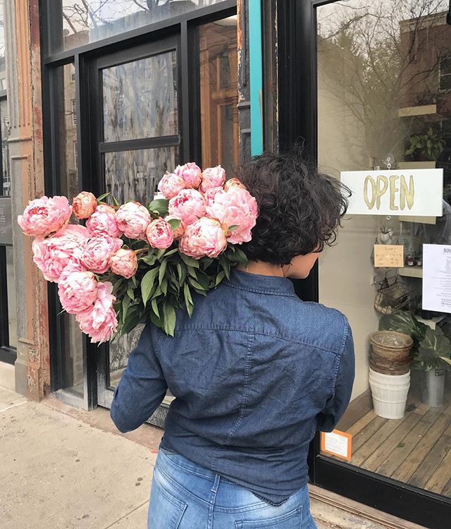 #love is this lil #denim #hunnybunny with a stack of pink #peonies ๐๐ฐ๐