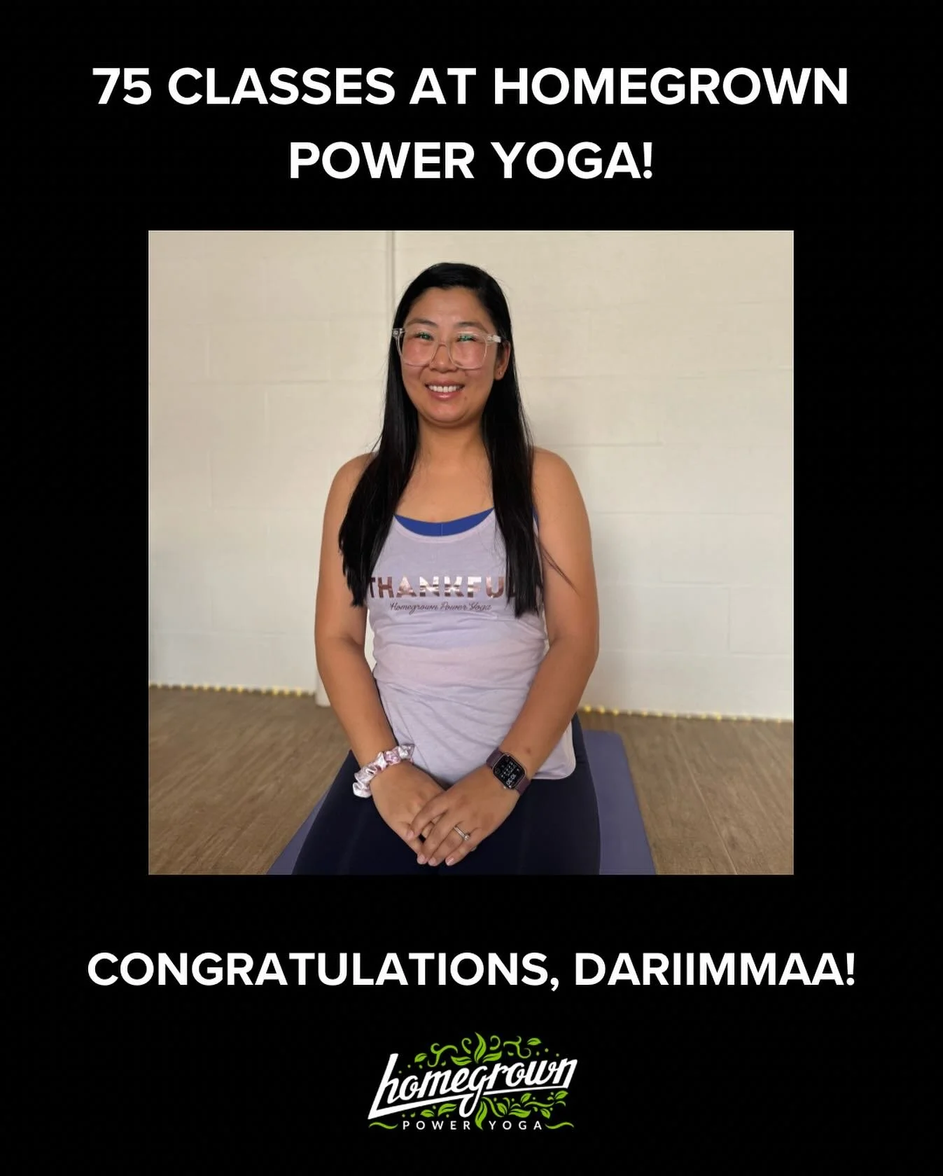 Congratulations to one of our awesome members, Dariimaa, for hitting 75 classes 🎉🥳 It&rsquo;s been a joy to have you as a part of the community and watch you grow in your practice. We can&rsquo;t wait to keep practicing with you 💚🙌