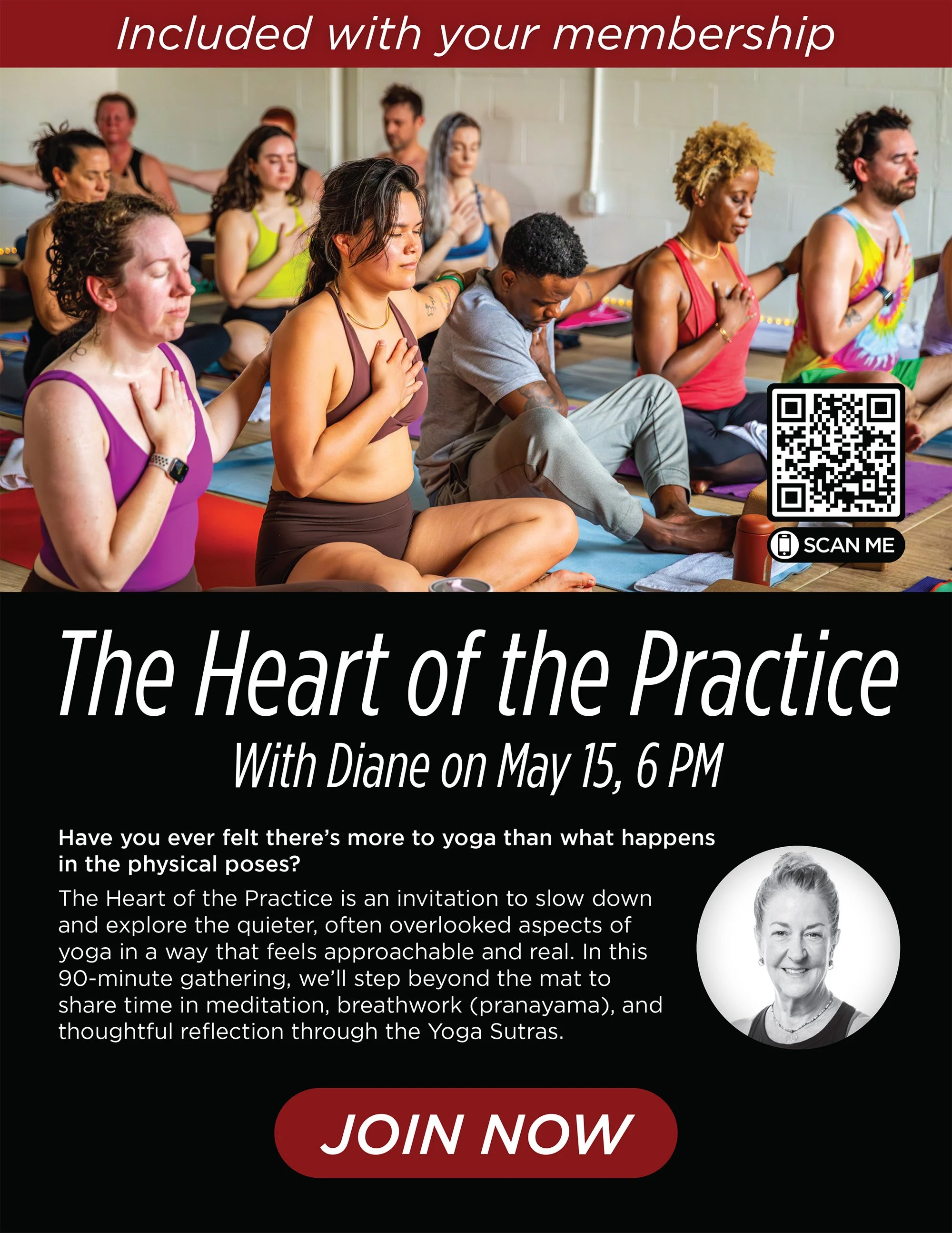 The Heart of Practice is a 90 minute experience of movement, breath, and stillness. Included with your membership.

👉 Sign up now: https://momence.com/l/GBhlR40r
Through asana, pranayama, and meditation, we explore the teachings of the Yoga Sutras i