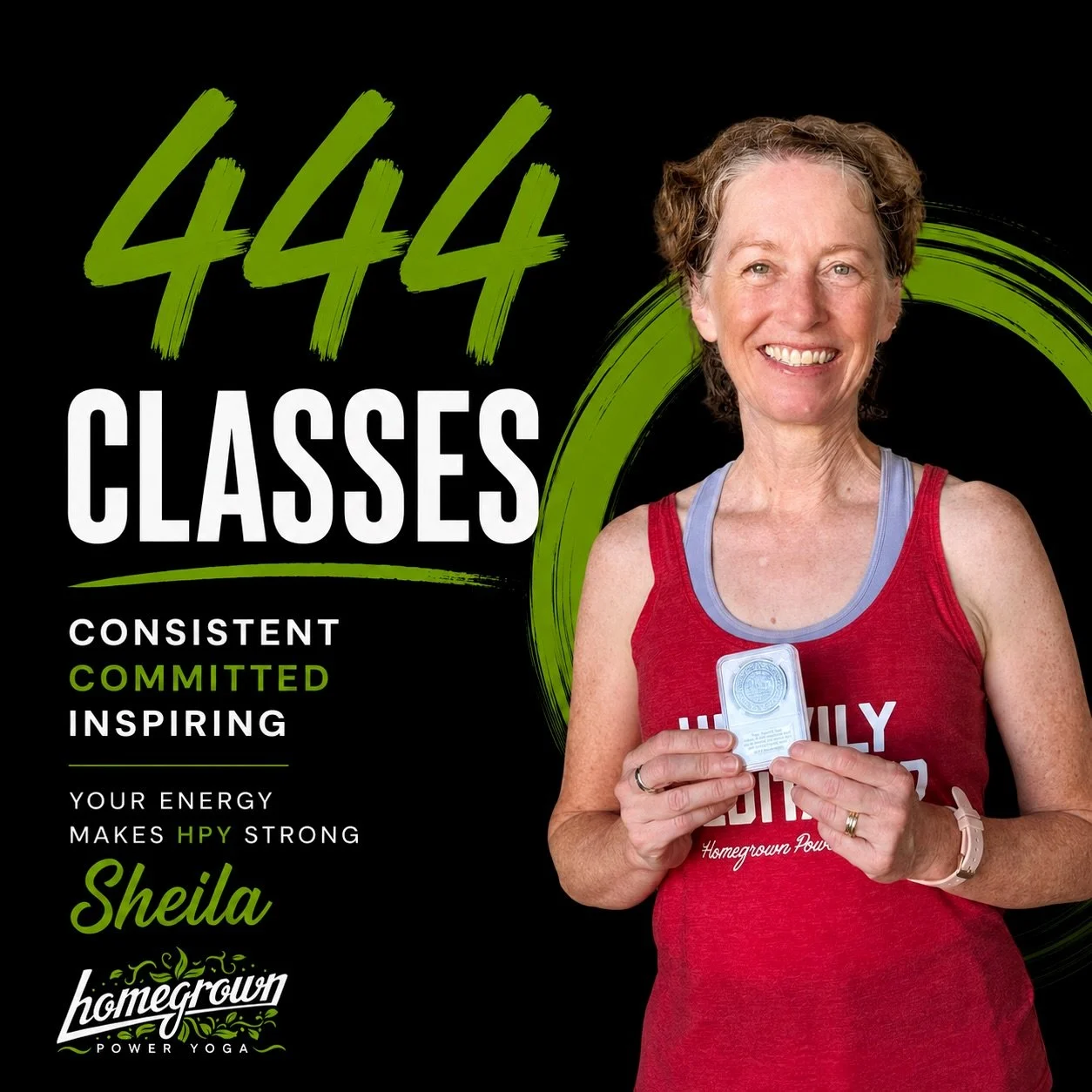 Wow Sheila, 444 classes! 🎉💚🎉

We checked in with Sheila to ask her what practice has opened up for her, here is what she shared; 

&ldquo;I&rsquo;ve learned not only to notice my breath and my body, but also my automatic thought patterns.Yoga help