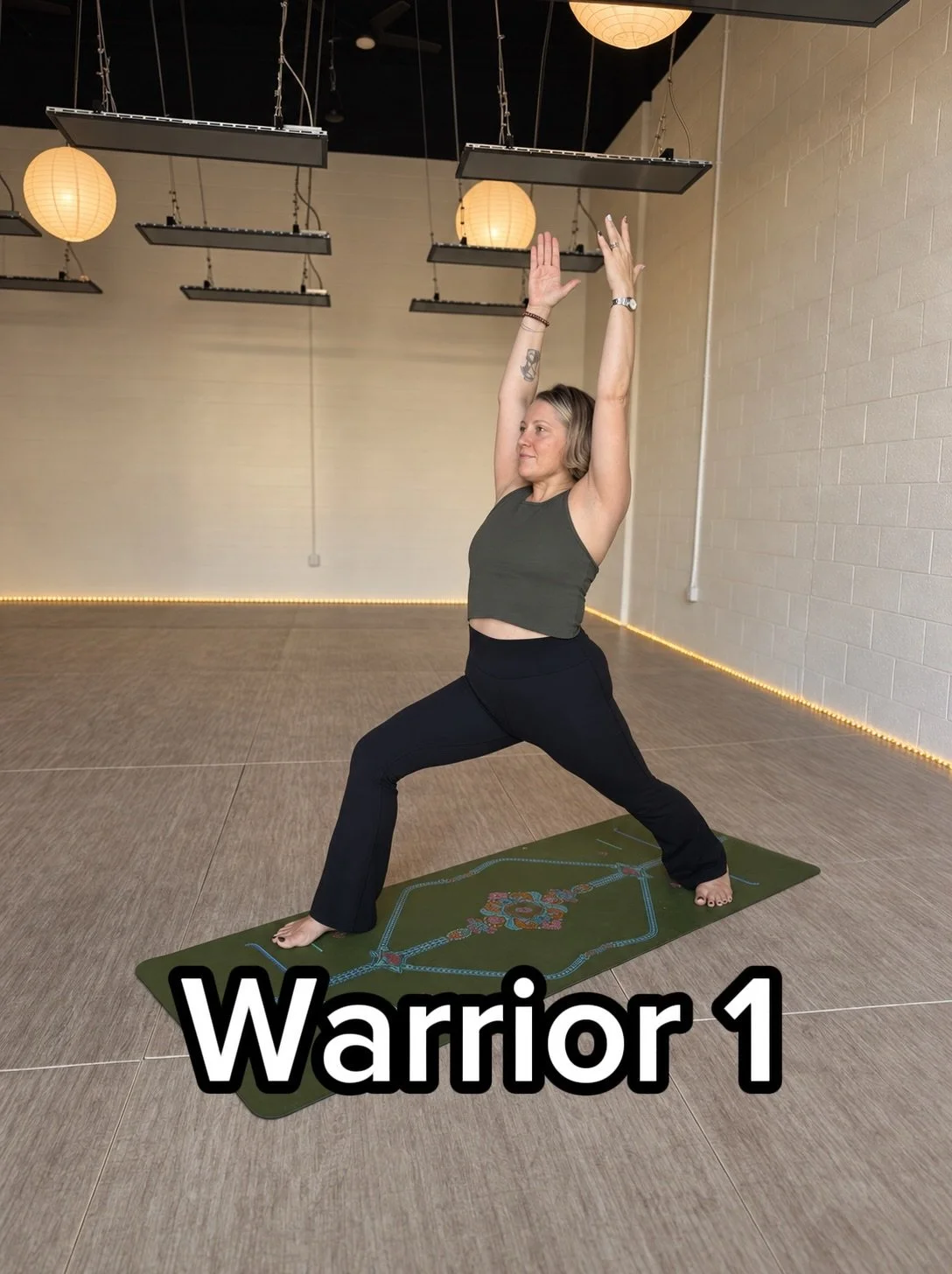 Warrior 1
Build it from the ground up 

Start with your feet

Front foot pointing straight ahead 
Back foot turned to the topish corner of your mat
Feet wide enough to feel steady. 

Often the feet are turned in or too far out-check out your feet! 


