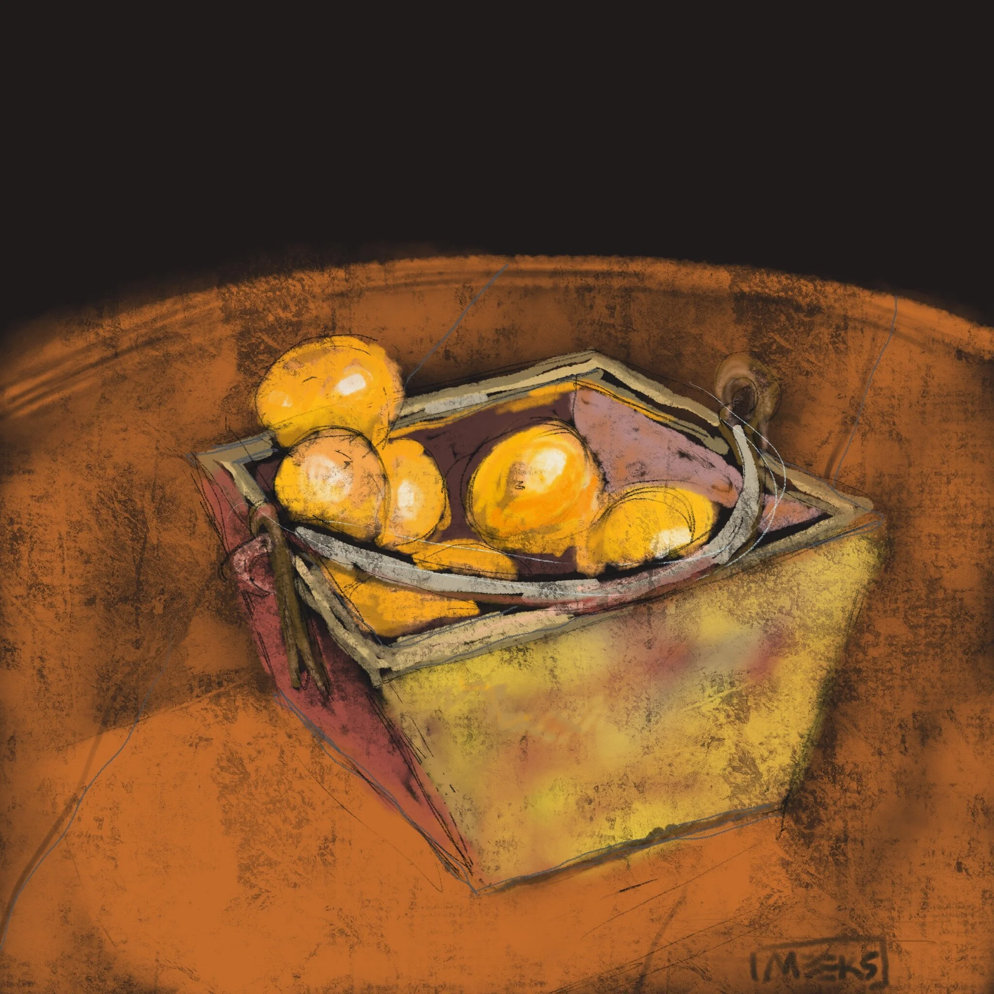Mandarins in an Old Wooden Box