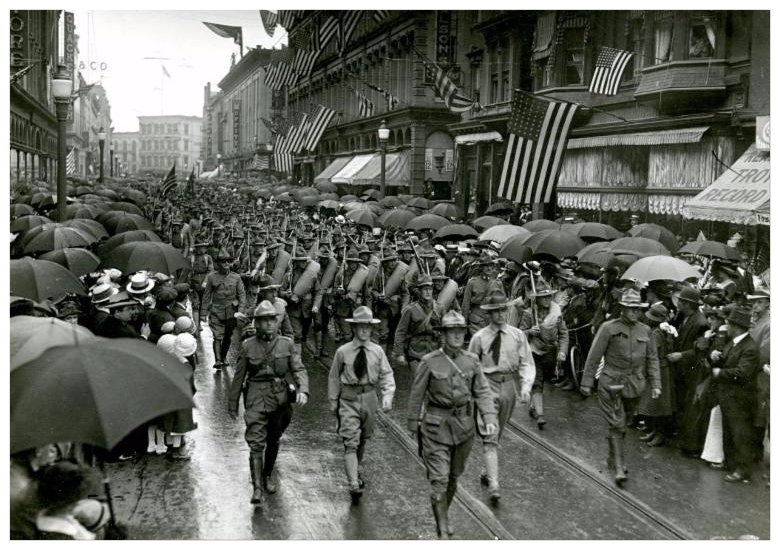 World War I era soldiers marching on Broadway, Troy, 1917.