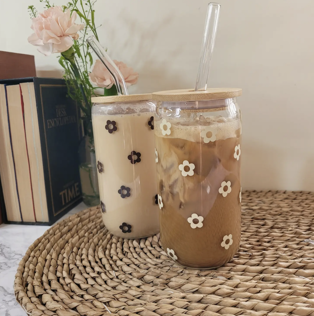 Daisy Glass Cup With Lid and Straw, Flower Glass Cups, Floral Glass Coffee  Cup, Flower Glass Tumbler With Straw and Lid, Iced Coffee Cup 