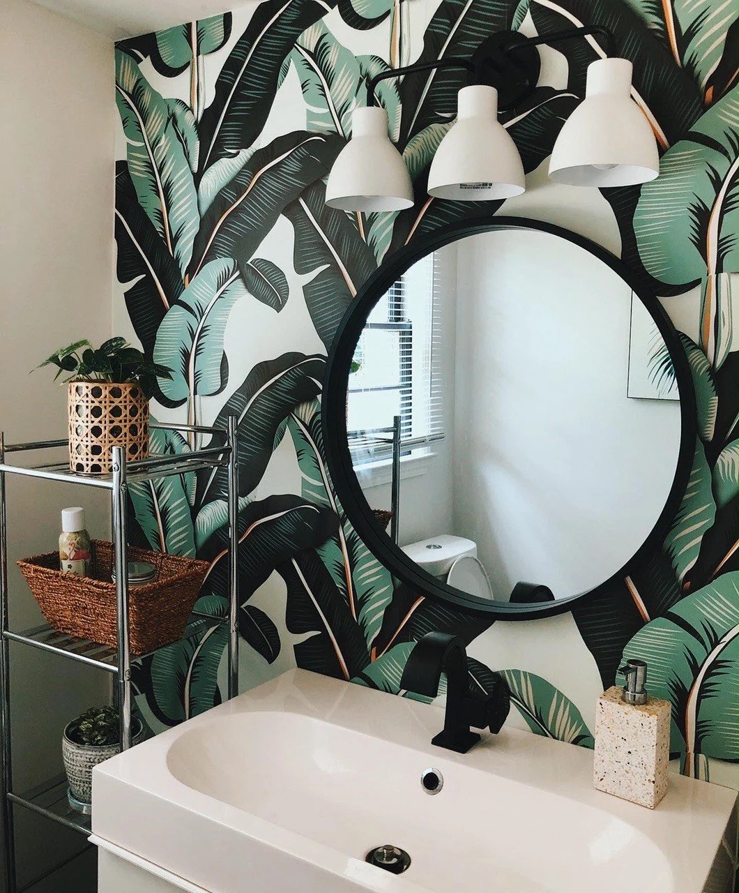 Modern Bathroom + Tropical Wallpaper