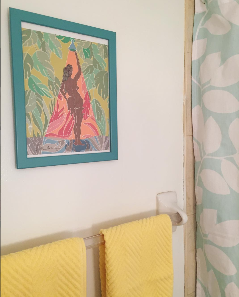 This is a photo I took in my bathroom of her painting 'Shower Goals'. When I saw it I knew I needed to buy it!