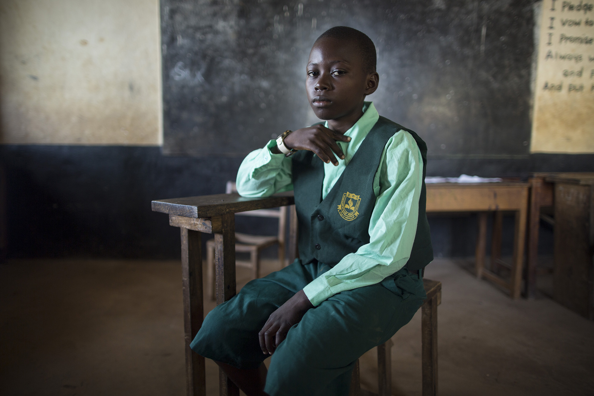 Jan Sankoh, 13, Sierra Leone. “When Ebola came into the country, school was suspended. I was so scared at first I stayed in the house. Not everyone believed in Ebola, but I told them that they should believe it is real. Children have the right to go