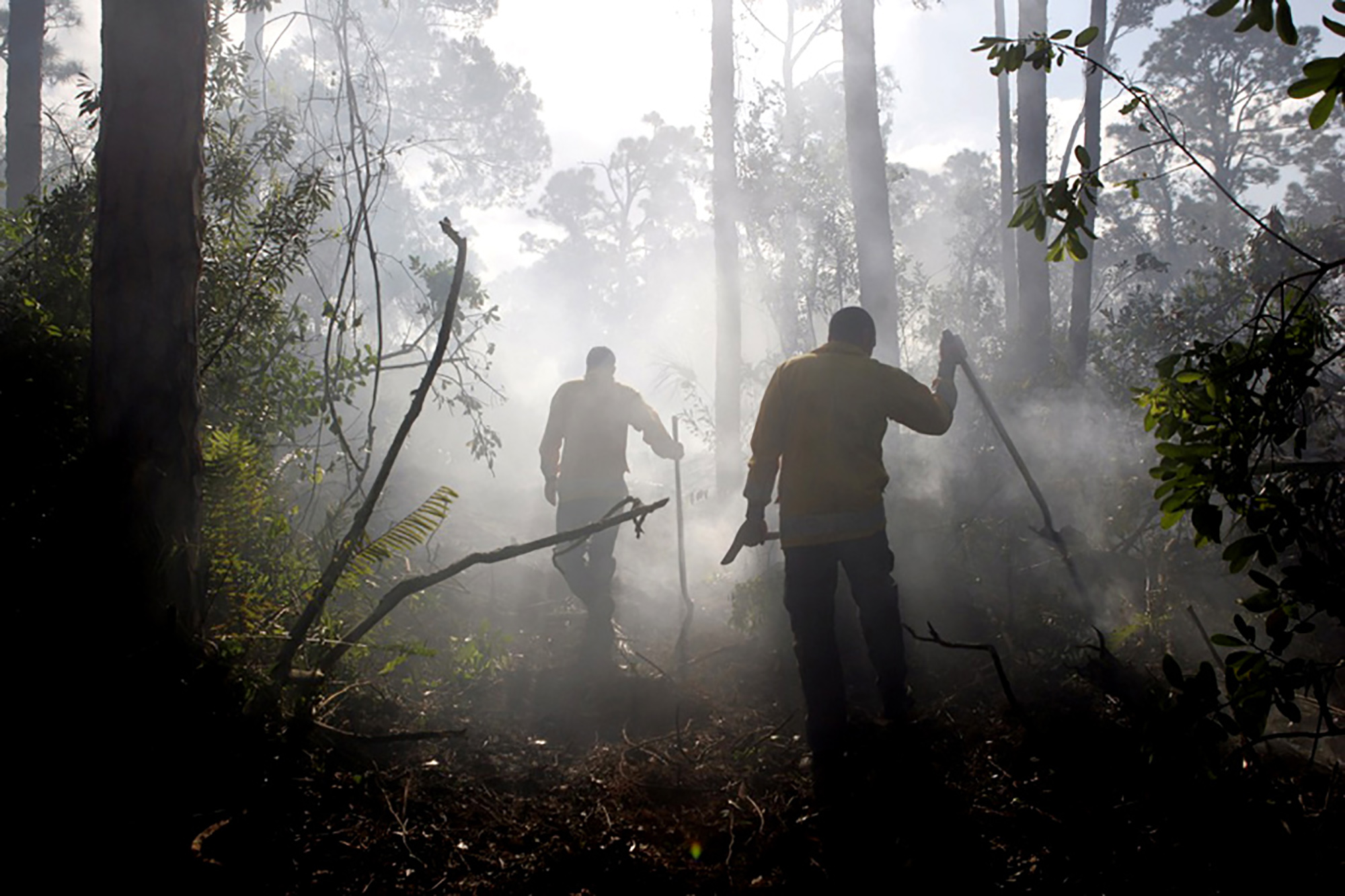  City of Stuart Fire Rescue's Troy Bowser, a Lieutenant, from left, and Paul Moyer, a Firefighter, look for hot spots while helping contain the remnants of fire on Thursday that encompassed ninety acres from Stuart to Rio on Wednesday. A cigarette is