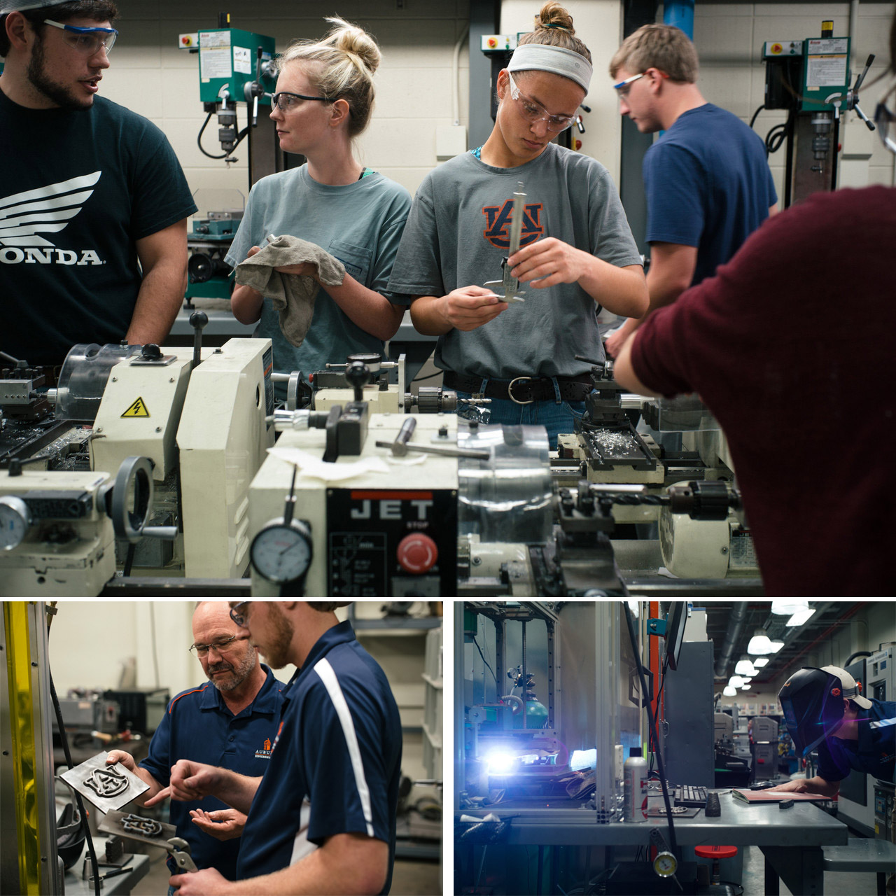 Auburn University students in a manufacturing laboratory. At bottom right, Conyers Coupland shows his professor, Lewis Payton, an Auburn logo printed out of solid metal.