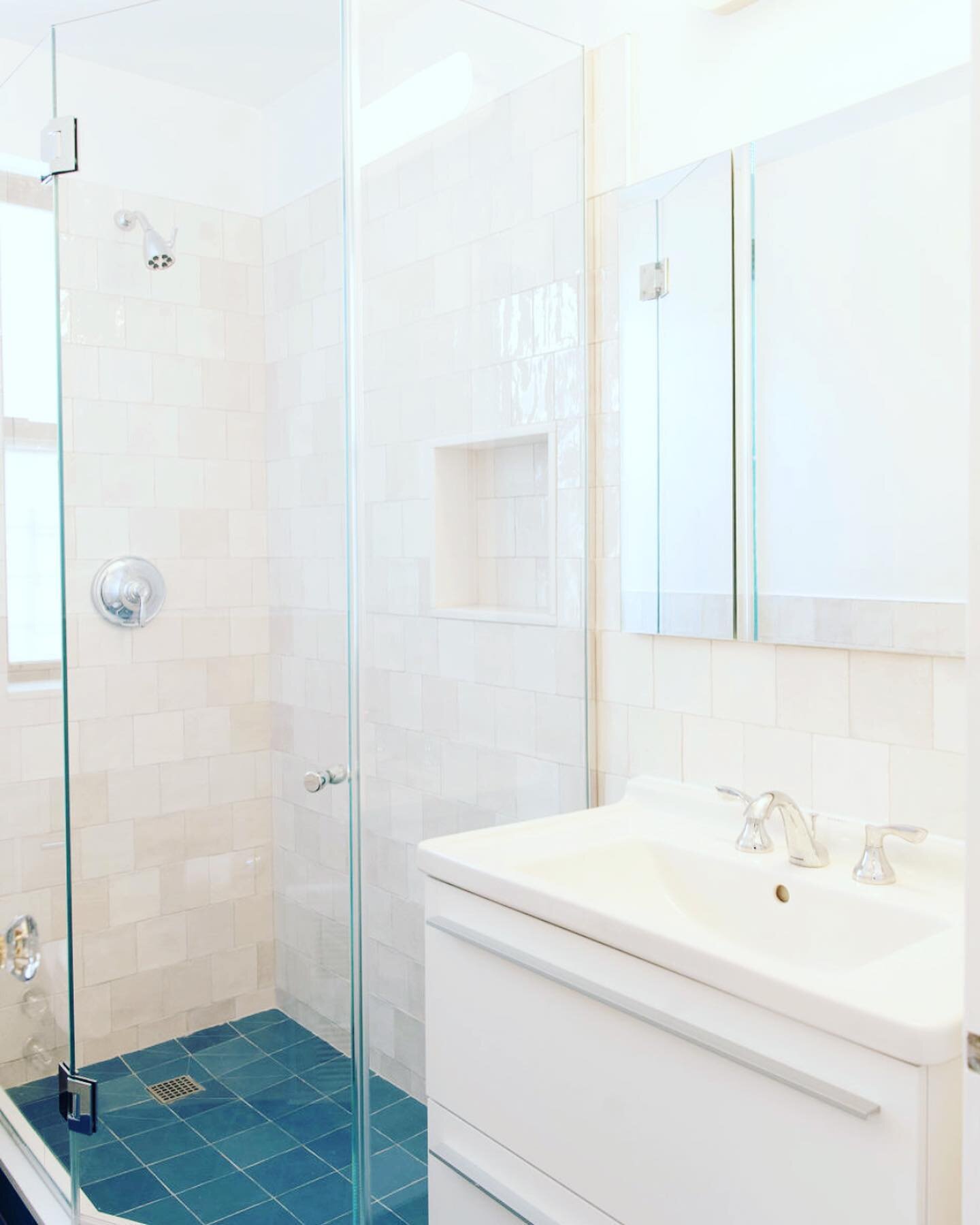 Blue &amp; white bathroom renovation #custom #design #nycbathrooms #cmpcontractingnyc