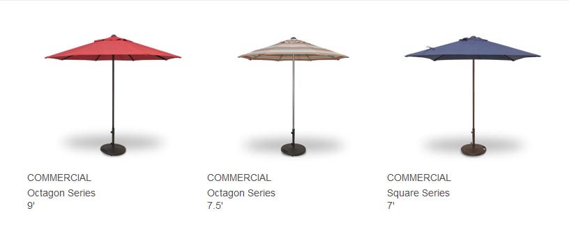 FOR THE RIGORS OF DAILY USE, WE HIGHLY RECOMMEND THE COMMERCIAL SERIES UMBRELLA. WITH IT'S NO CRANK OR CORD FUNCTION AND HEAVIER DUTY 1.5MM THICK POLE, THIS UMBRELLA SERIES IS A TOUGHER OPTION. AVAILABLE BY SPECIAL ORDER IN MANY OUTDOOR FABRICS. AVAILABLE IN BRONZE, BLACK OR ANODIZED FRAME COLORS. BASES SOLD SEPERATELY,