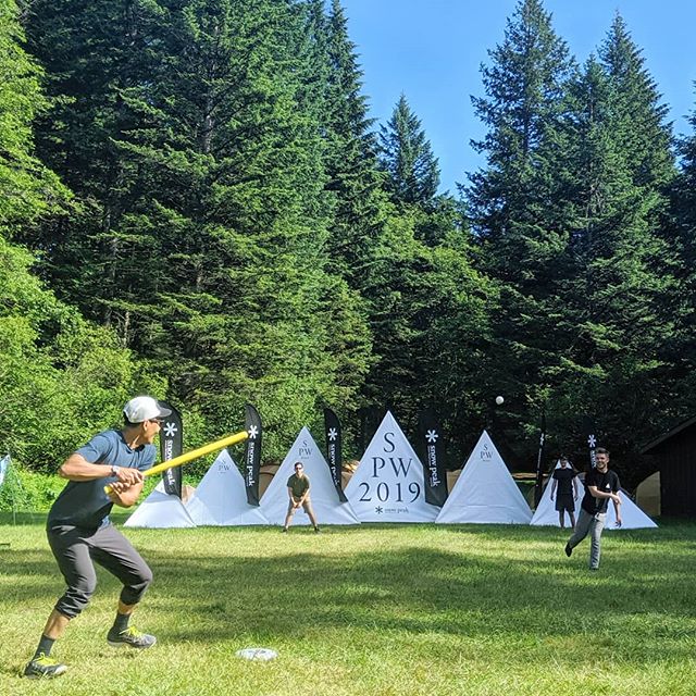 Run on balls in play, swing til you miss, over the banners is a home run. #spw2019 #newtraditions #snowpeakusa #wiffleball