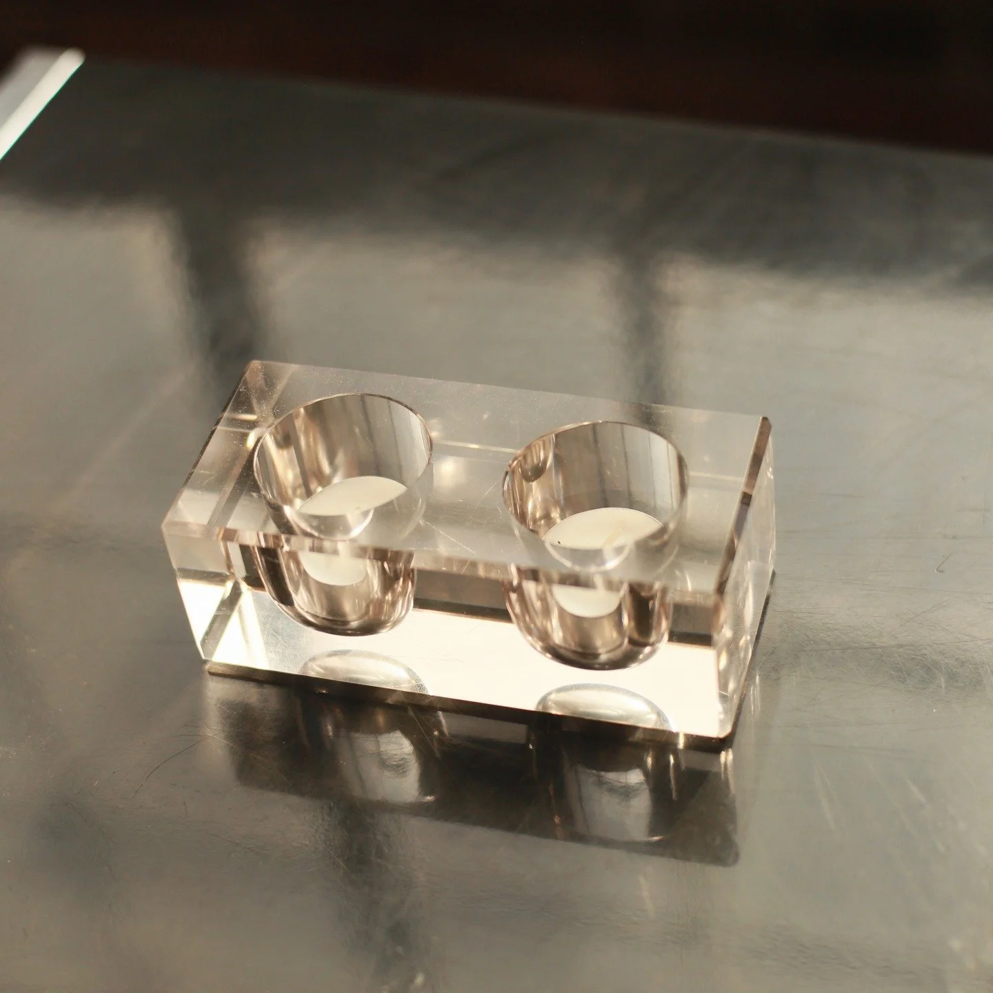 Glass block double votive candle holder / But was a victorian inkwell holder / Pretty Cool / Makes for a great reflective center piece / $75