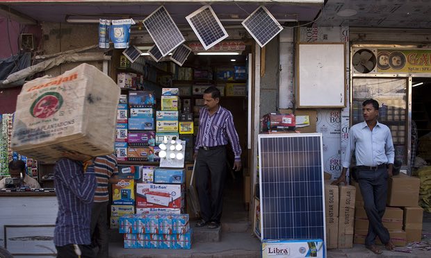 Solar panels for sale at a market in New Delhi. India’s solar power prices have fallen to 2.62 rupees per kilowatt hour. Photograph: Saurabh Das/AP